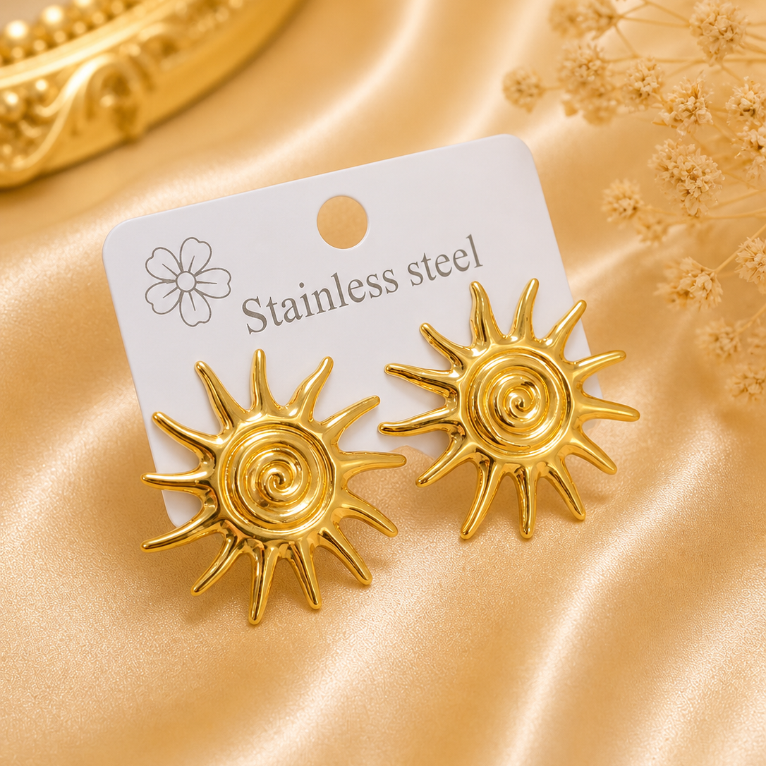 18K Gold Plated Solar Flare Earrings | Spiral Sun Statement Studs | Stainless Steel