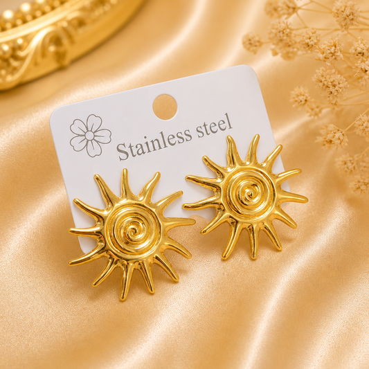 18K Gold Plated Solar Flare Earrings | Spiral Sun Statement Studs | Stainless Steel