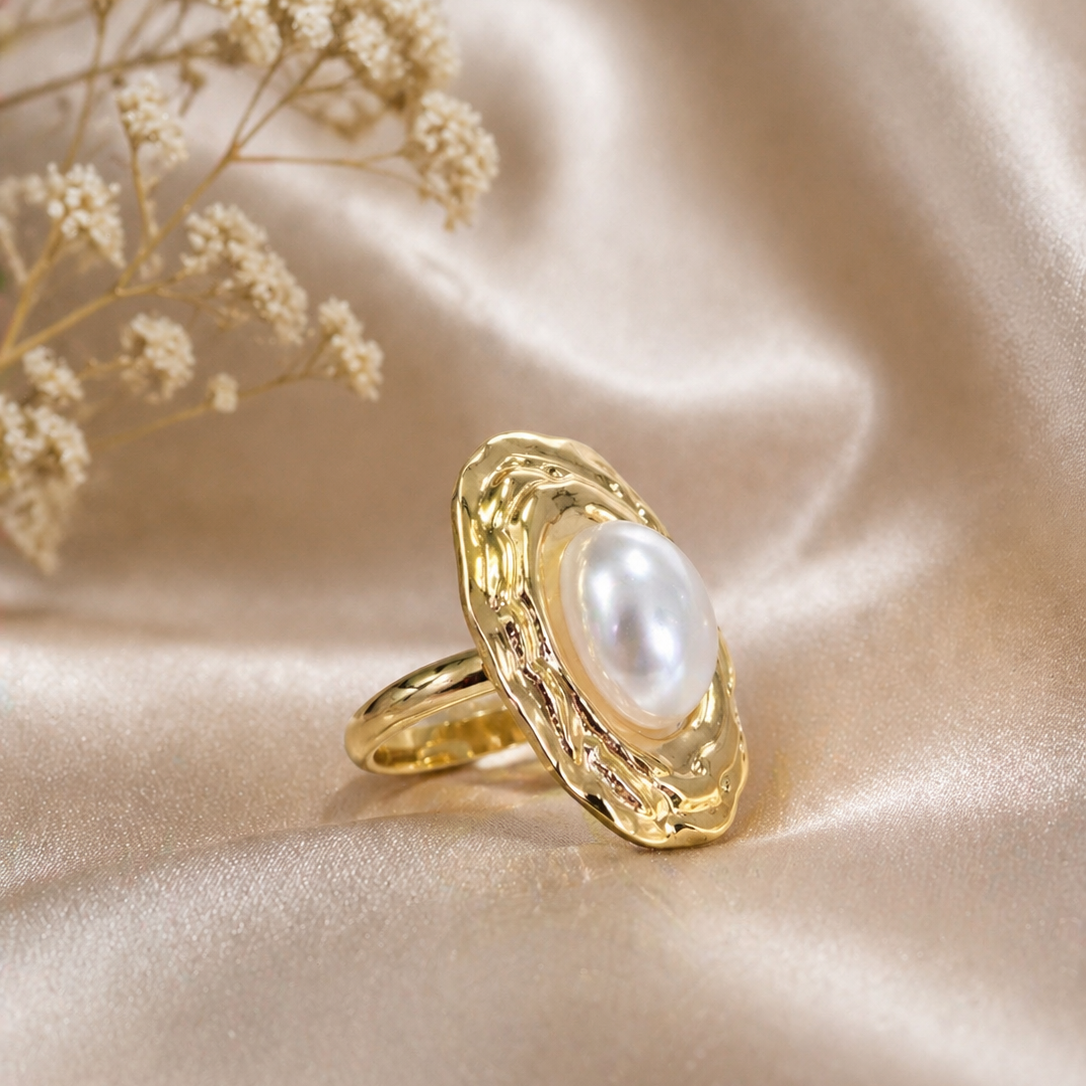Oval Pearl Cocktail Ring - Gold Textured Statement Ring