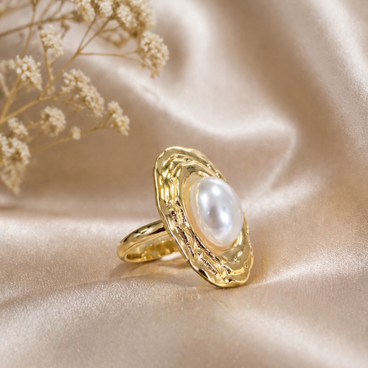 Oval Pearl Cocktail Ring - Gold Textured Statement Ring