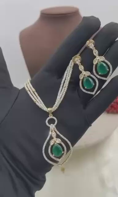 Elegant Multi-Layer Pearl Necklace Set with Crystal Pendant & Earrings