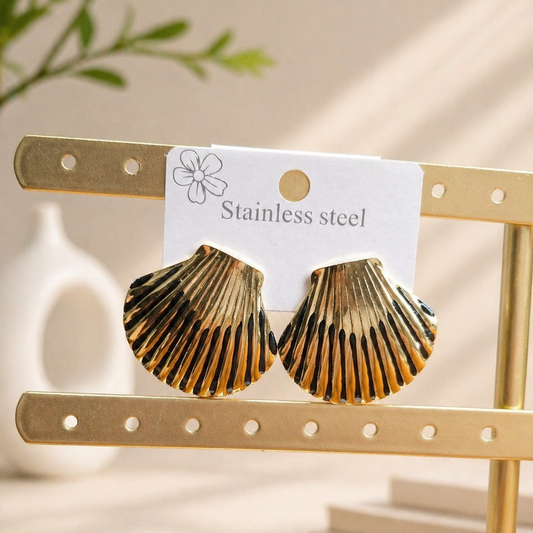 Gold Scalloped Seashell Statement Earrings | Stainless Steel Ribbed Fan Studs