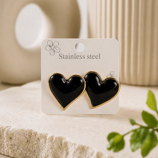 Bold Black Heart Enamel Stud Earrings | Gold Plated Stainless Steel Jewelry