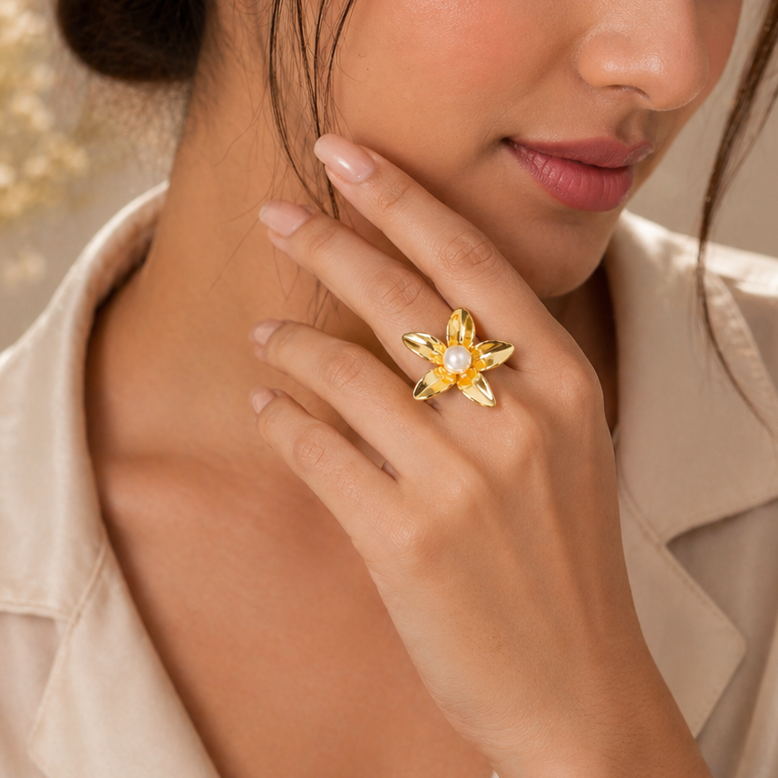 Gold Flower Ring with Pearl Center - Textured Petal Statement Ring