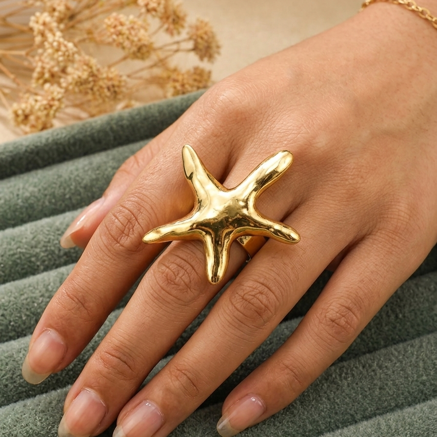Premium Gold Starfish Adjustable Ring for Women