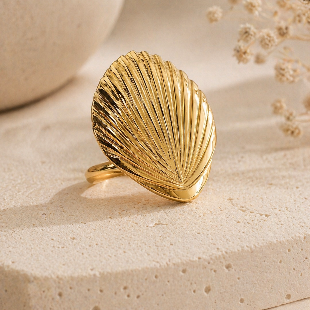 Gold Sunburst Shell Statement Ring | Coastal Luxe Jewellery for Vacations & Summer