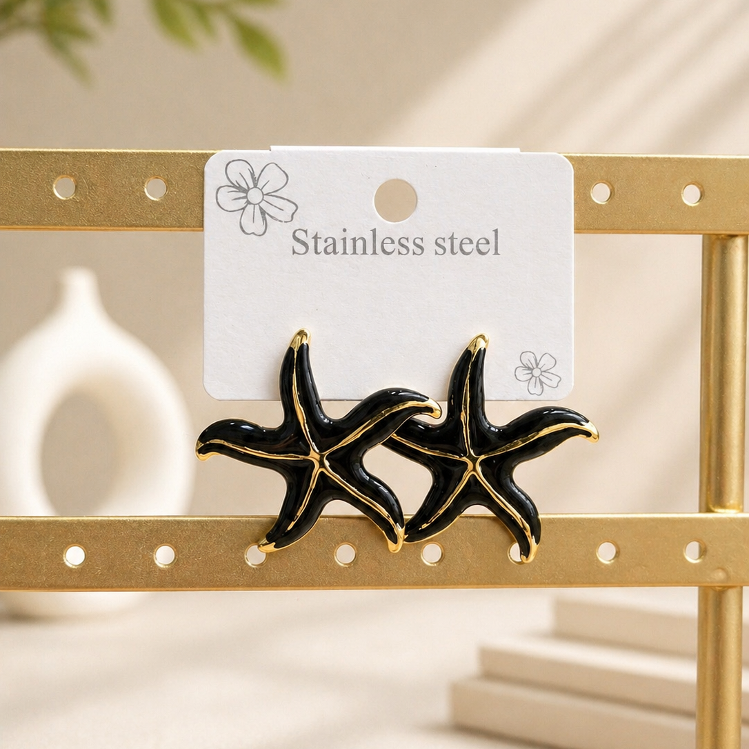 Gold Edged Black Sea Star Statement Studs | Hypoallergenic Stainless Steel