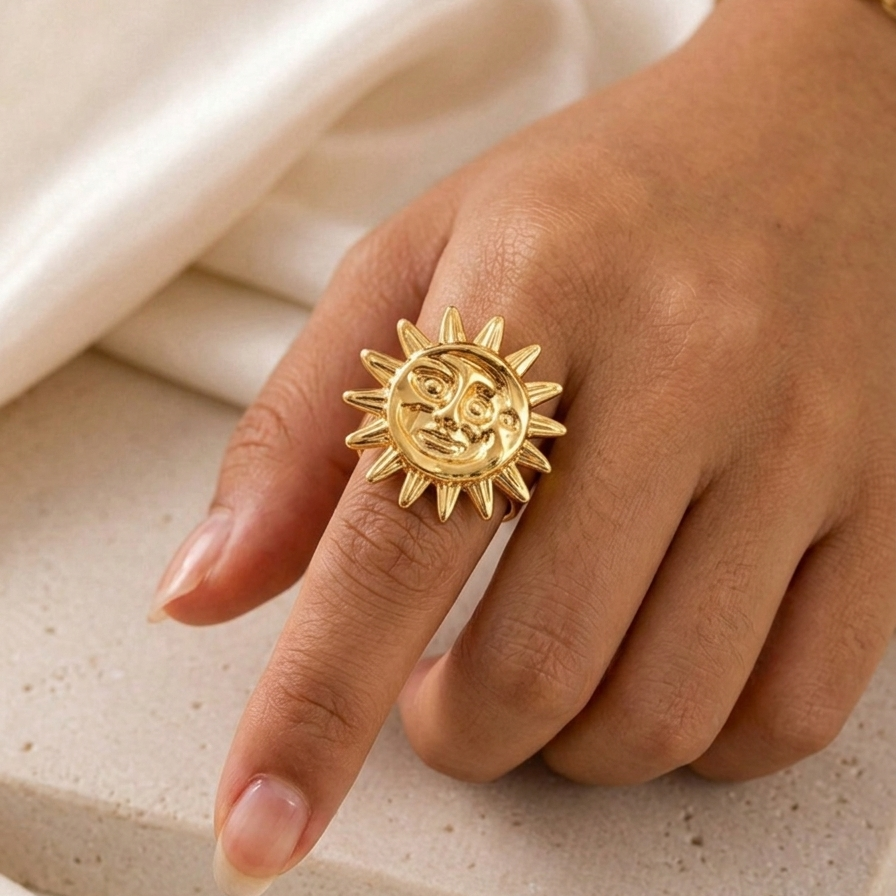 Gold Sun Face Statement Ring | Celestial Bohemian Jewellery for Festivals & Gifting