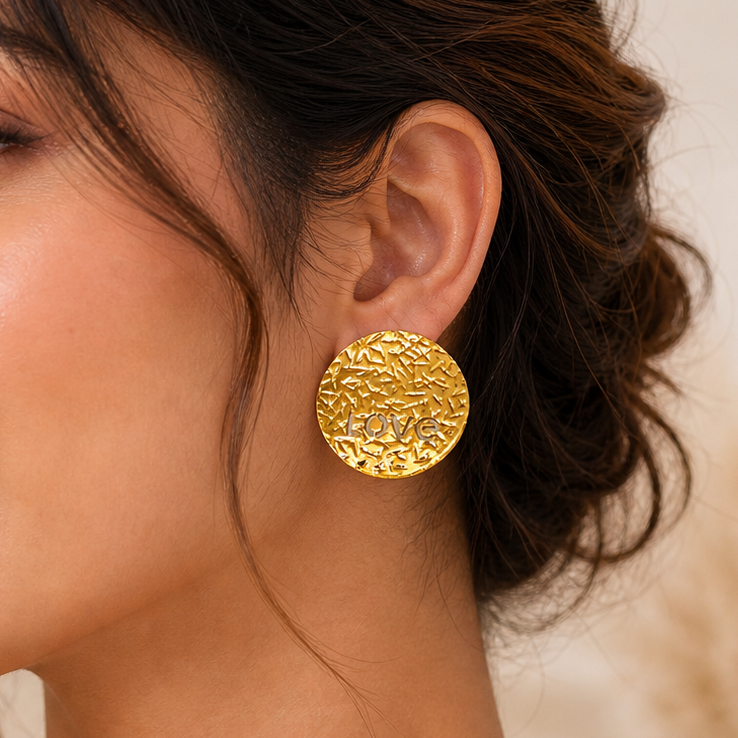 Round Crinkle Metal Statement Studs | 18K Gold Plated "Love" Typography Earrings