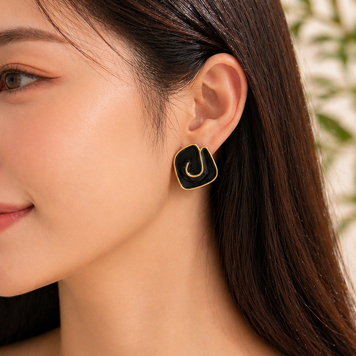 Abstract Spiral Black Enamel Studs | Gold Plated Stainless Steel Geometric Earrings
