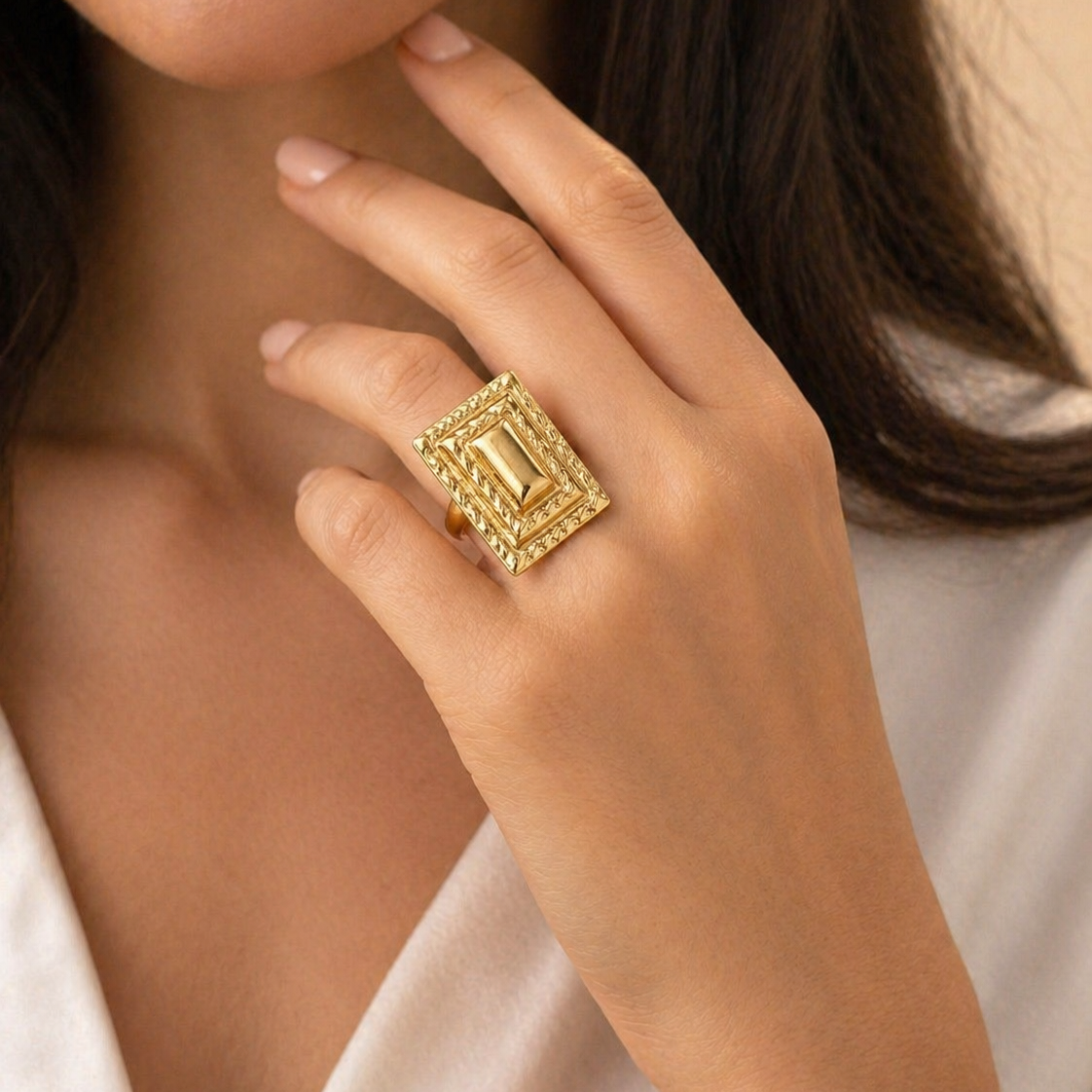 Gold Tiered Rectangle Shield Ring | Bold Architectural Statement Jewelry