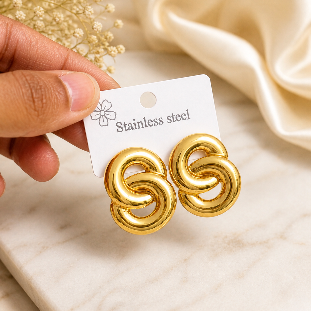 Gold Interlocking Double Hoop Earrings | Stainless Steel Chunky Link Studs