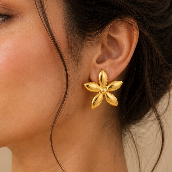 Gold-Plated 3D Floral Stud Earrings - Stainless Steel 5-Petal Flower Jewellery