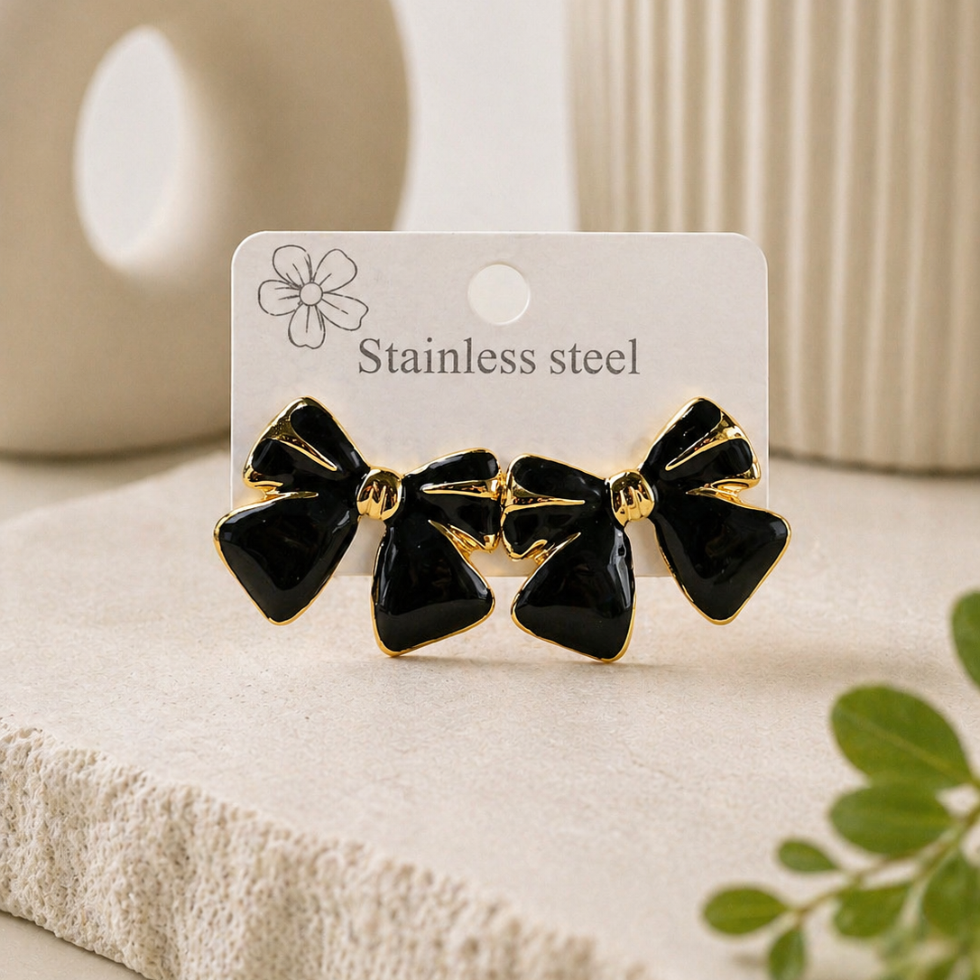 Black Enamel Bow Stud Earrings | 18K Gold Plated Stainless Steel Ribbon Earrings