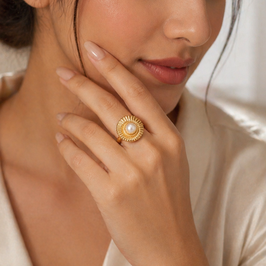Gold Ribbed Halo Pearl Ring – Artisan Handcrafted Jewelry