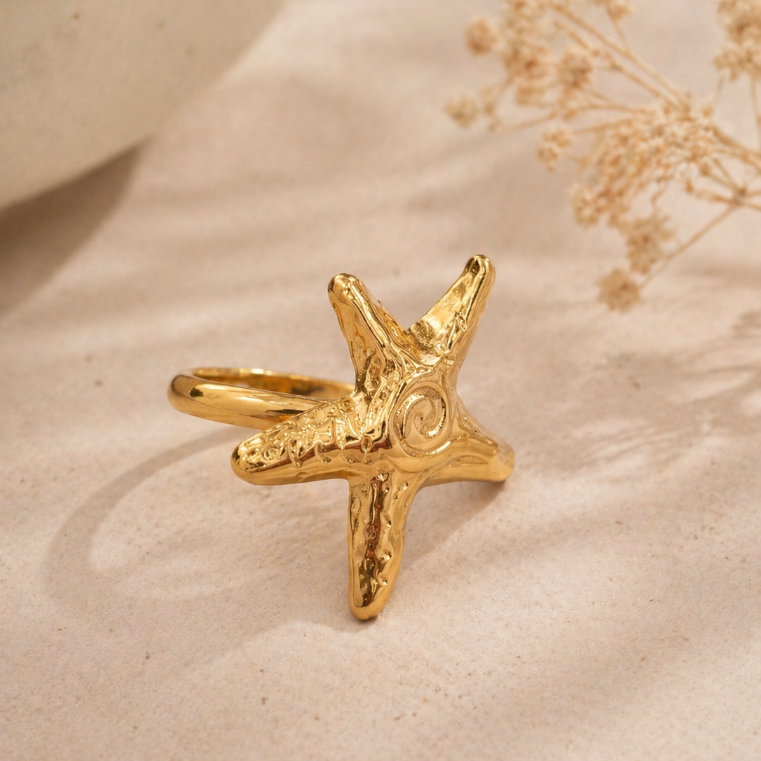 Gold Starfish Statement Ring | Coastal Bohemian Jewellery for Vacations & Summer