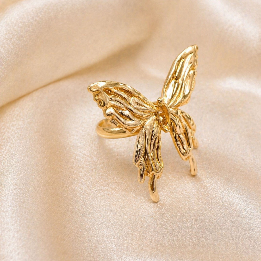 Gold Molten Butterfly Statement Ring | 18K Gold Plated Fluid Design Jewellery