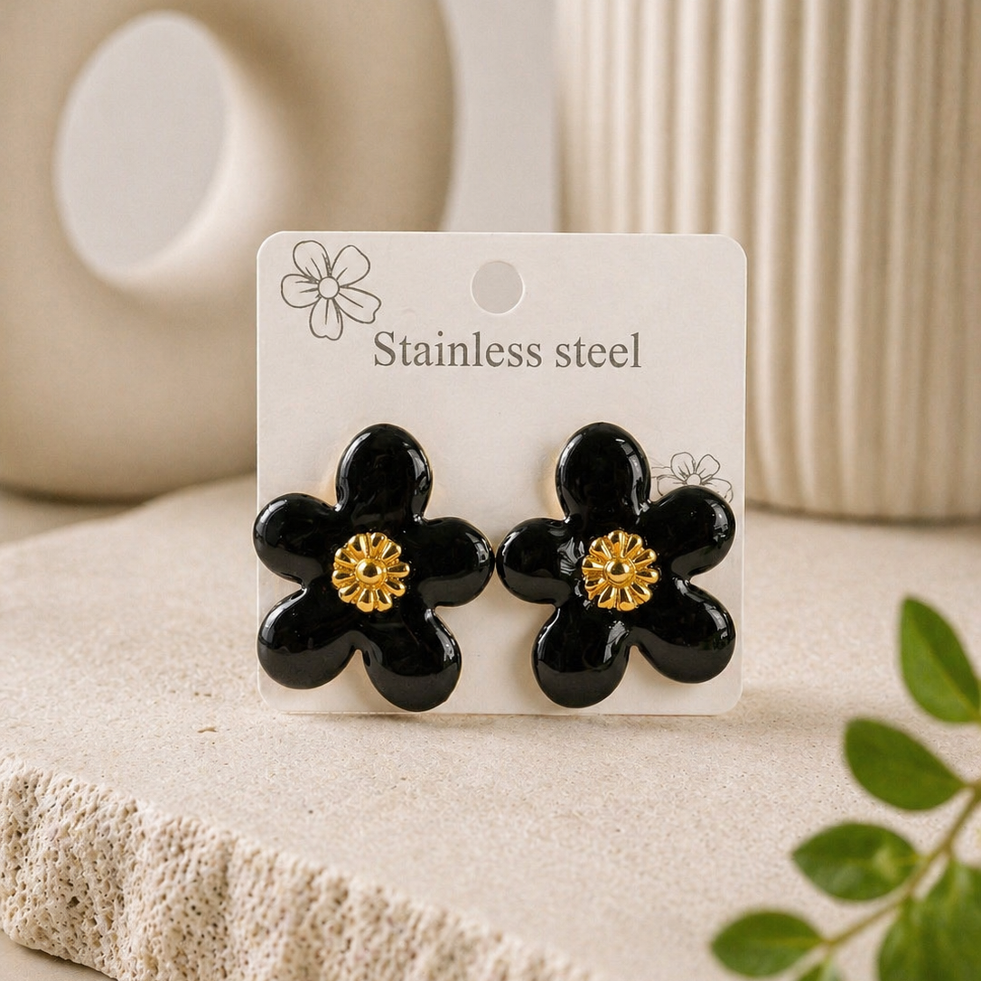3D Floral Stud Earrings | Black & Gold Statement Flower Studs | Tarnish Free