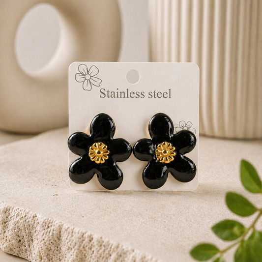 3D Floral Stud Earrings | Black & Gold Statement Flower Studs | Tarnish Free
