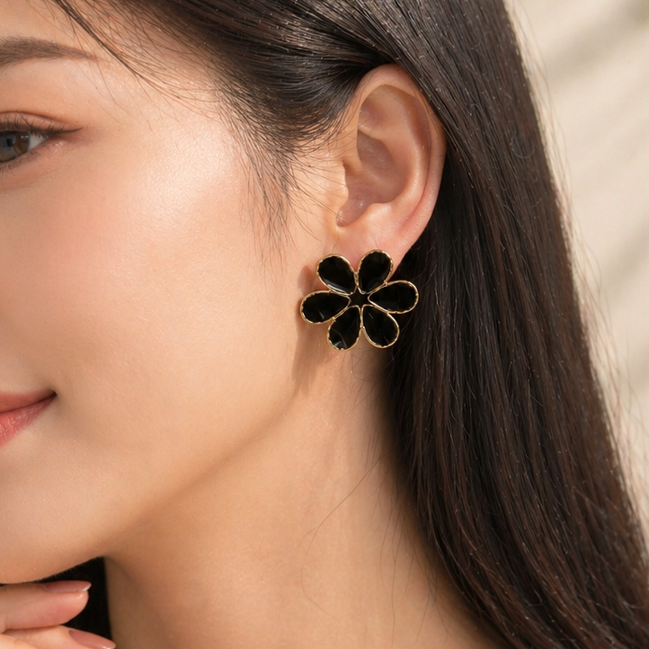 Bold Black 5-Petal Flower Statement Studs - Tarnish-Free Gold & Enamel Earrings