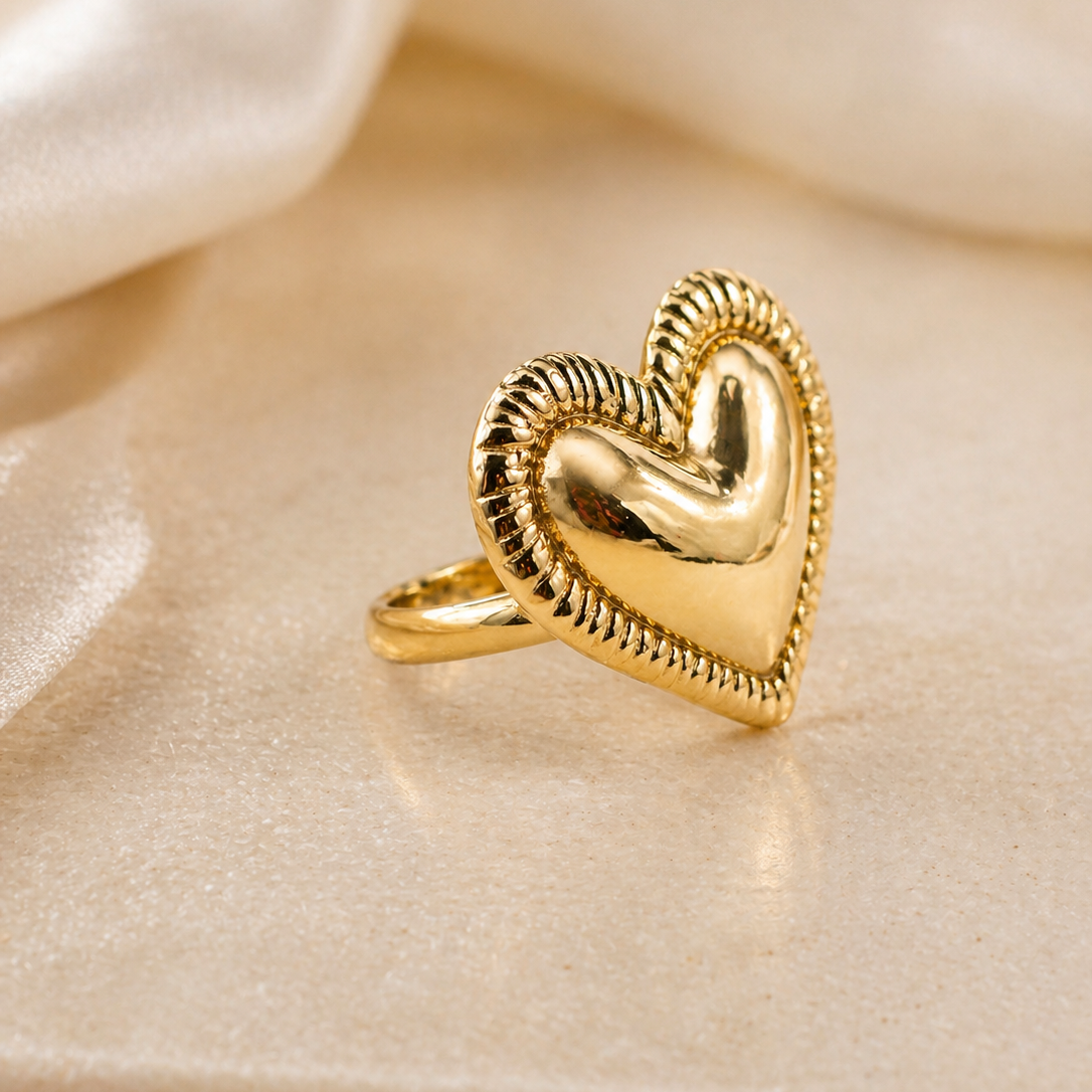 Chunky Gold Heart Ring - Textured Border Puffed Heart Jewellery