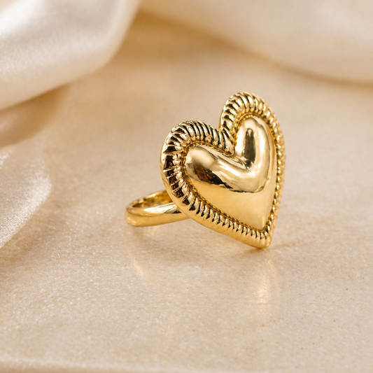 Chunky Gold Heart Ring - Textured Border Puffed Heart Jewellery