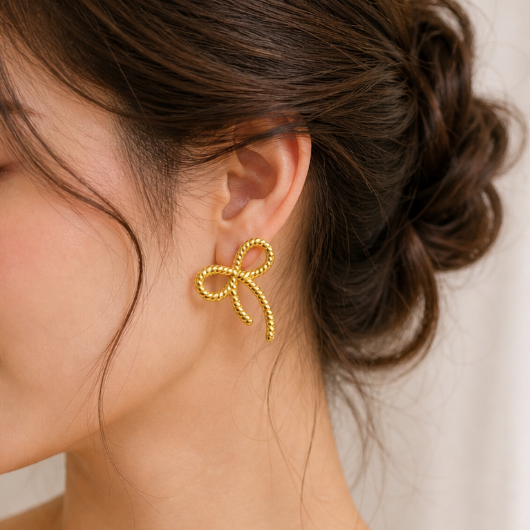 Gold Twisted Rope Bow Stud Earrings – Coquette Ribbon Statement Jewelry