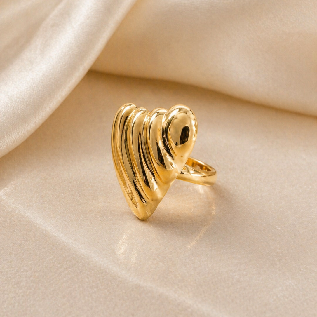 Gold Ribbed Heart Statement Ring | Romantic Chic Jewellery for Dates & Gifting