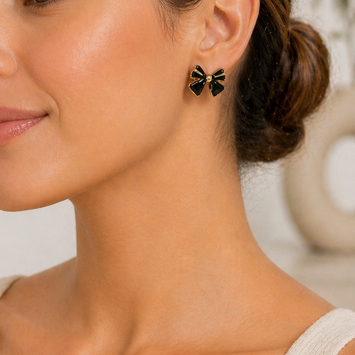 Black Enamel Bow Stud Earrings | 18K Gold Plated Stainless Steel Ribbon Earrings