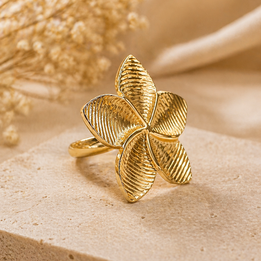 Tropical Gold Plumeria Statement Ring – Textured Frangipani Floral Cocktail Ring