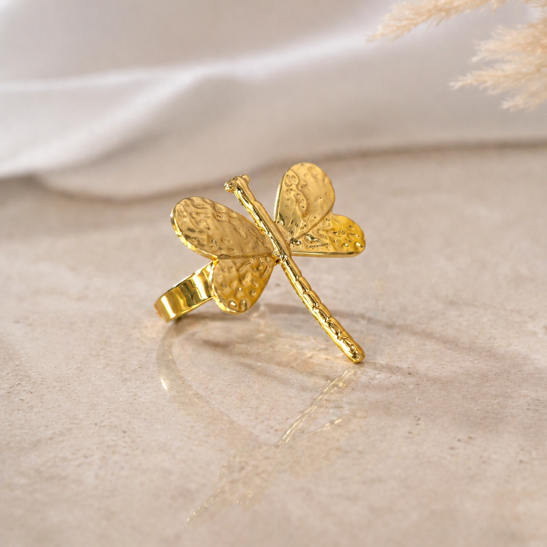 18K Gold Plated Dragonfly Statement Ring | Textured Nature-Inspired Jewelry
