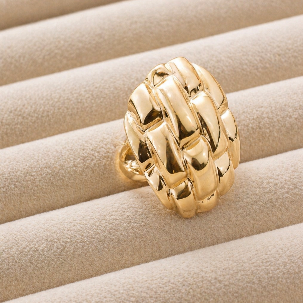 Luxe Woven Gold Knot Statement Ring – Textured Dome Braided Cocktail Ring
