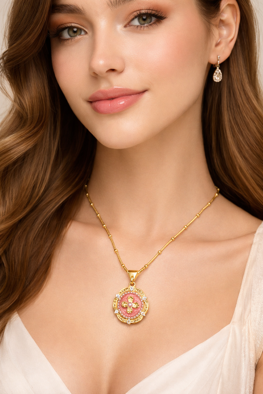 Empress Rose Enamel Medallion – Gold Cross Vintage Coin Pendant Necklace