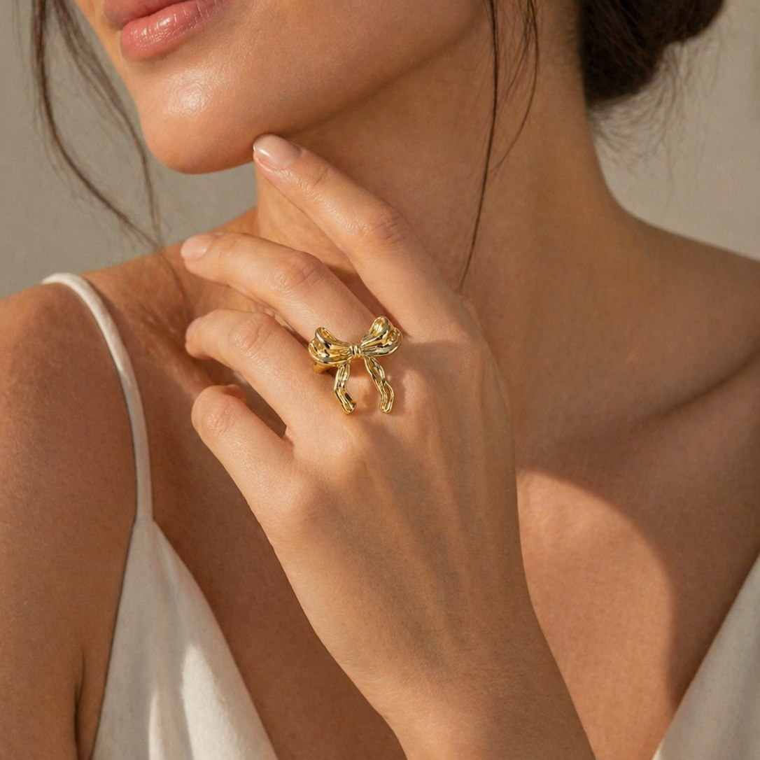 Gold Molten Bow Statement Ring | 18K Gold Plated Ribbon Design Jewellery