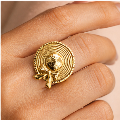 Vintage Gold Sun Hat Statement Ring – Unique Bow Detail Wide Brim Cocktail Ring