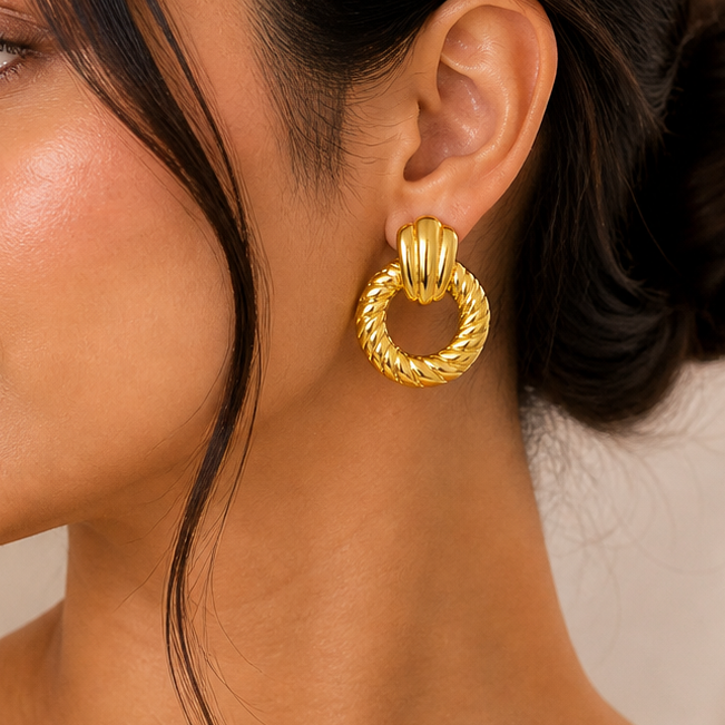 Gold Twisted Hoop Earrings with Fluted Shell Post | Stainless Steel Statement Earrings
