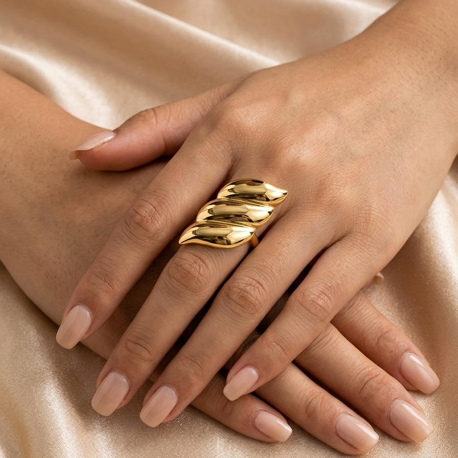 Gold Triple Leaf Wrap Ring - High Shine Botanical Statement Jewelry