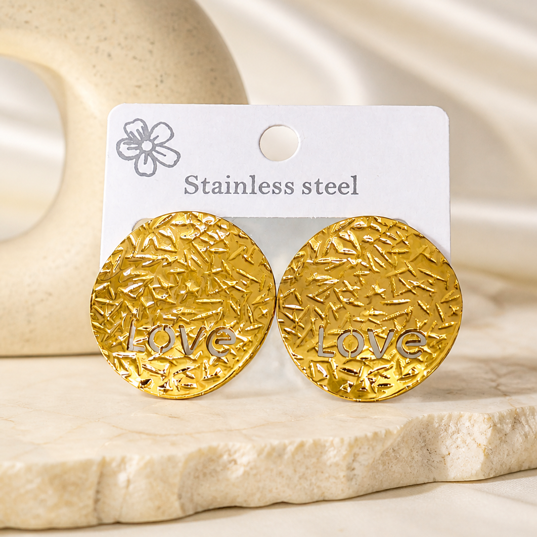 Round Crinkle Metal Statement Studs | 18K Gold Plated "Love" Typography Earrings