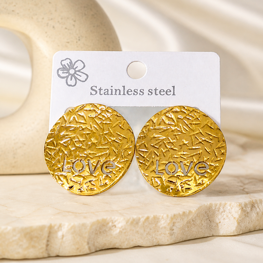 Round Crinkle Metal Statement Studs | 18K Gold Plated "Love" Typography Earrings