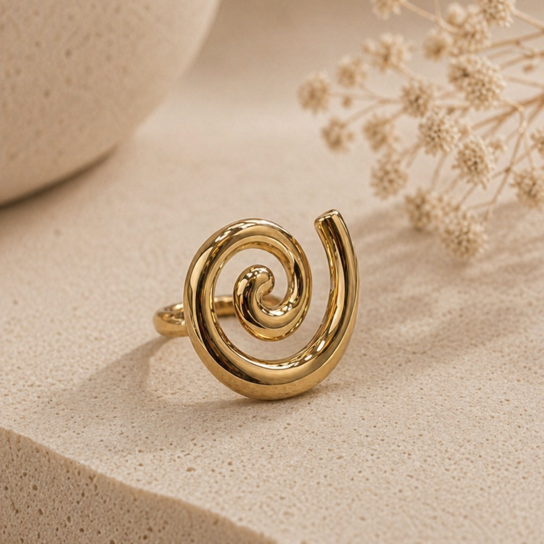 Gold Minimalist Spiral Statement Ring – Modern Abstract Swirl Cocktail Ring