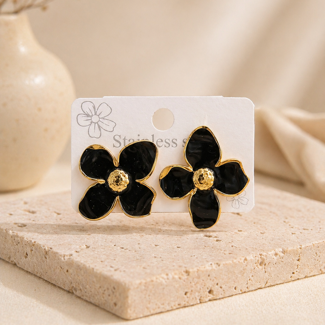 Black Enamel Flower Stud Earrings with Hammered Gold Center | Stainless Steel Floral Jewelry
