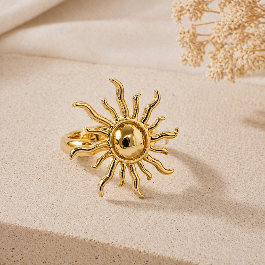 Gold Sunburst Celestial Statement Ring | 18K Gold Plated Radiant Sun Jewellery