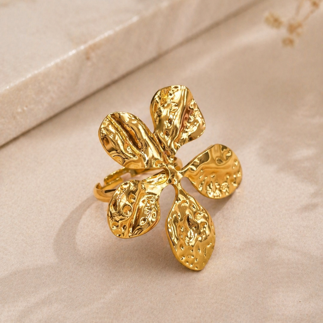 ammered Gold Orchid Statement Ring | Large Molten Floral Ring