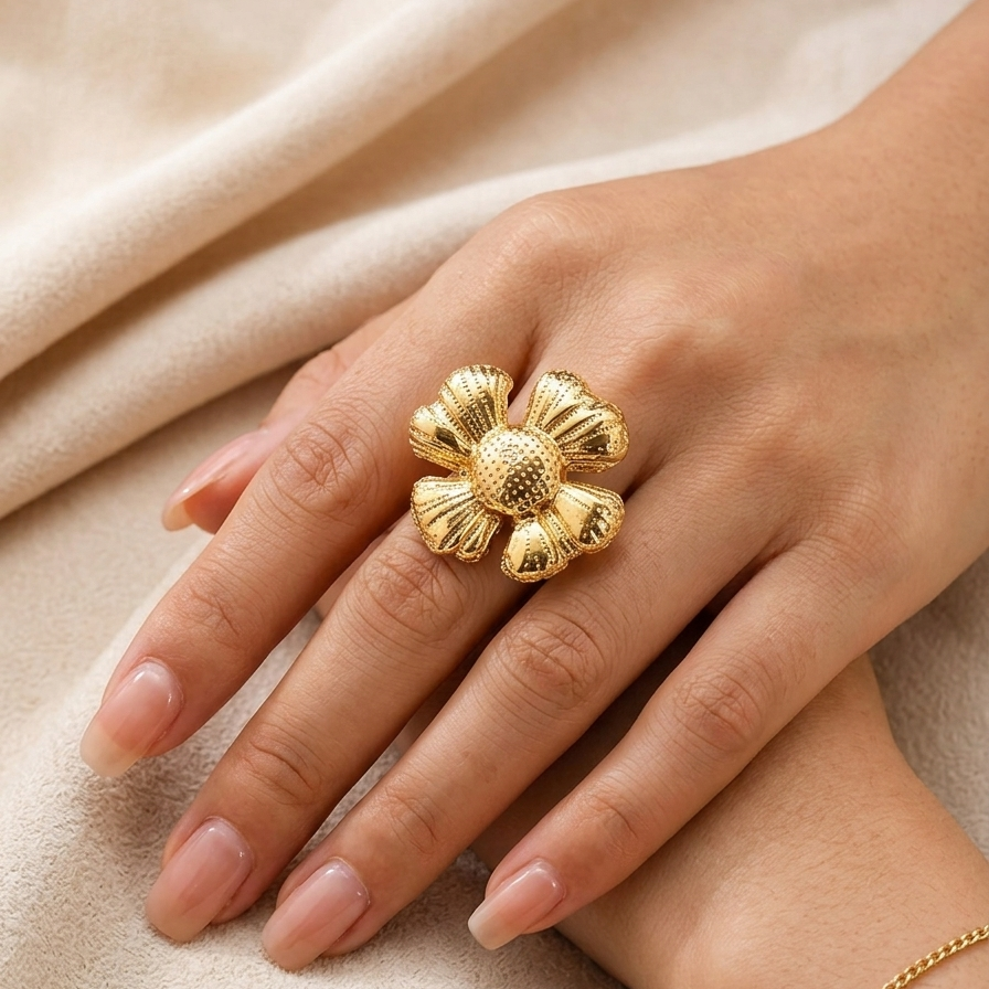 Gold Floral Statement Ring | Elegant Botanical Style for Parties & Occasions