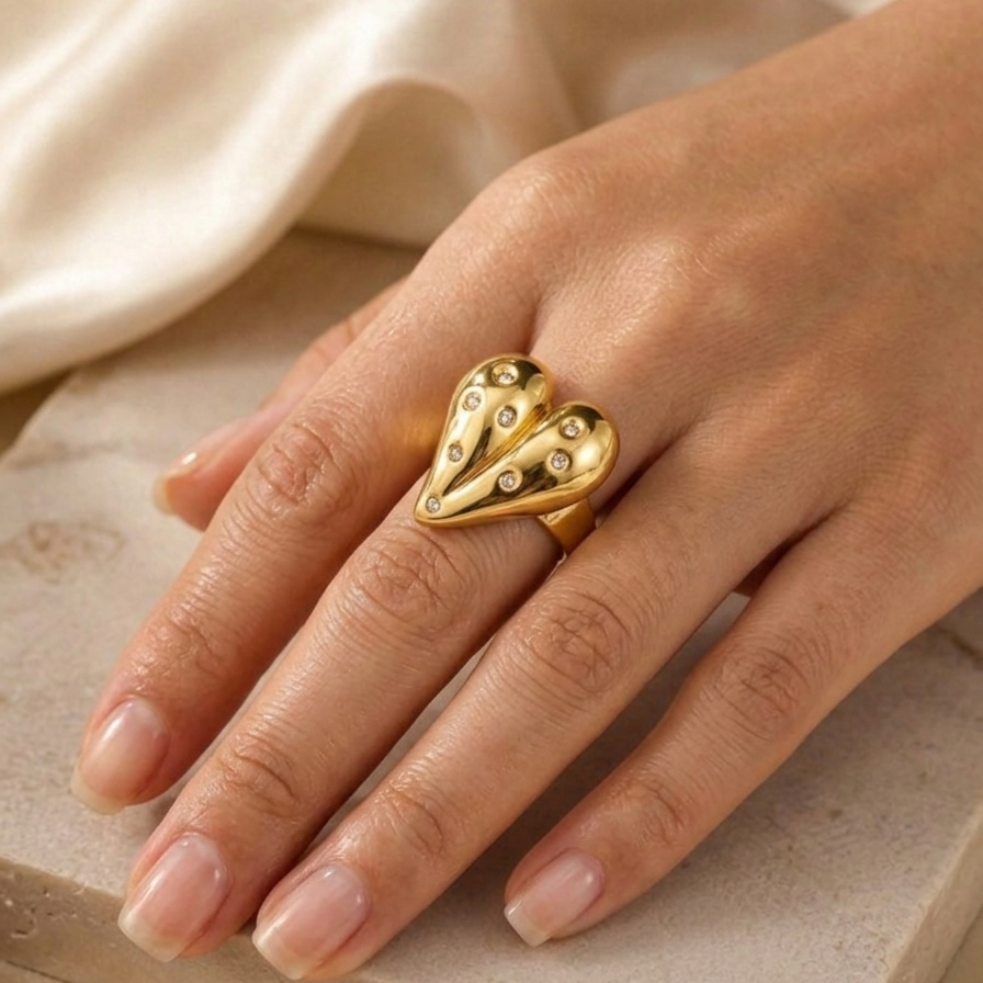 Gold Sun & Moon Heart Statement Ring | Celestial Romantic Jewellery for Gifting & Festivals