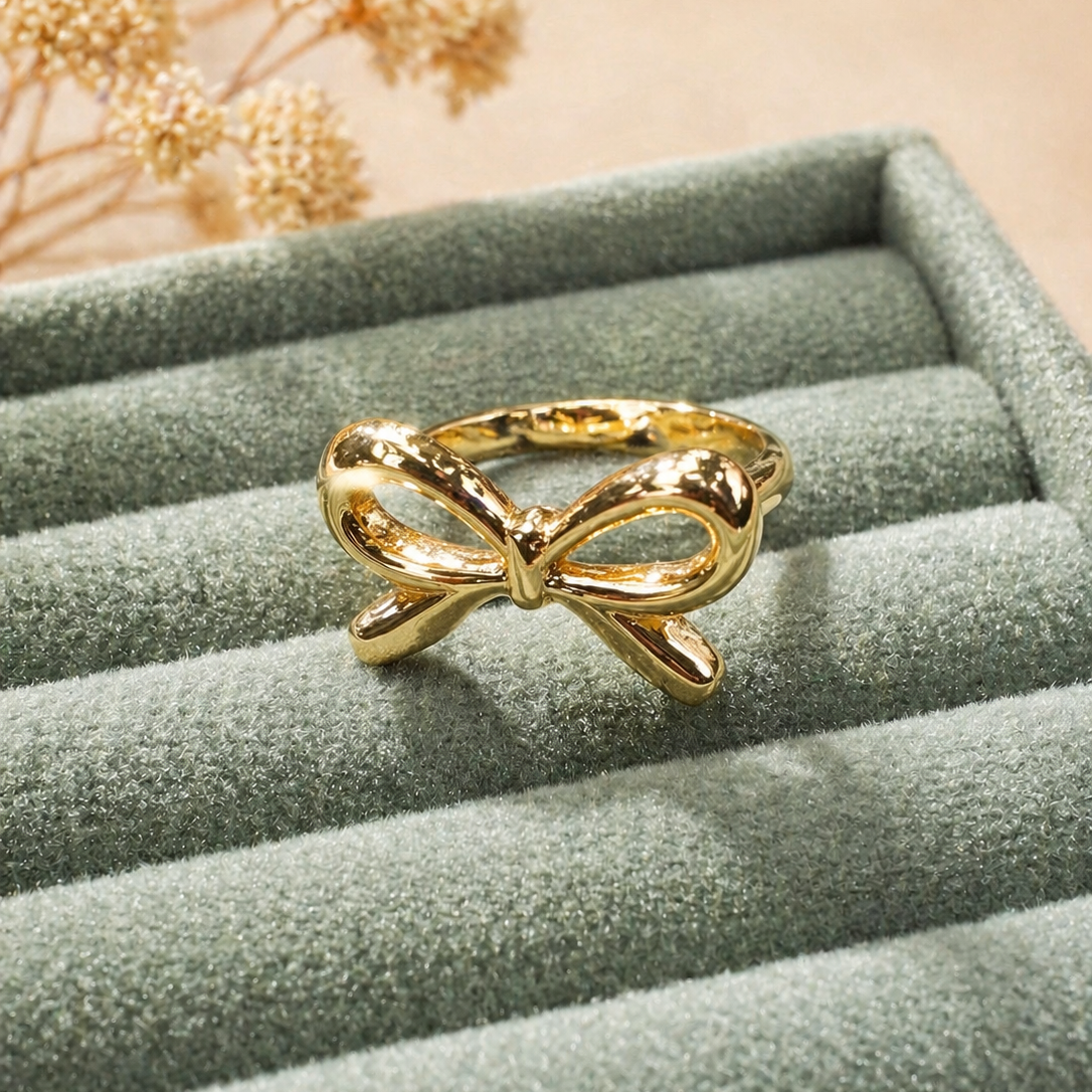 Dainty Gold Bow Ring for Women - Adjustable Ribbon Knot Fashion Jewelry