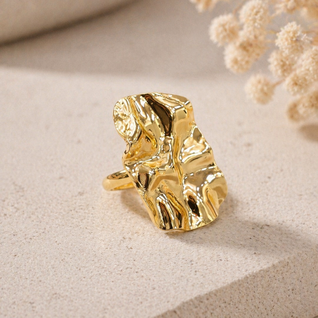 Gold Crumpled Metal Statement Ring | Organic Sculptural Style for Parties & Occasions