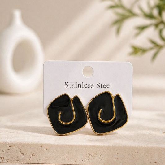 Abstract Spiral Black Enamel Studs | Gold Plated Stainless Steel Geometric Earrings
