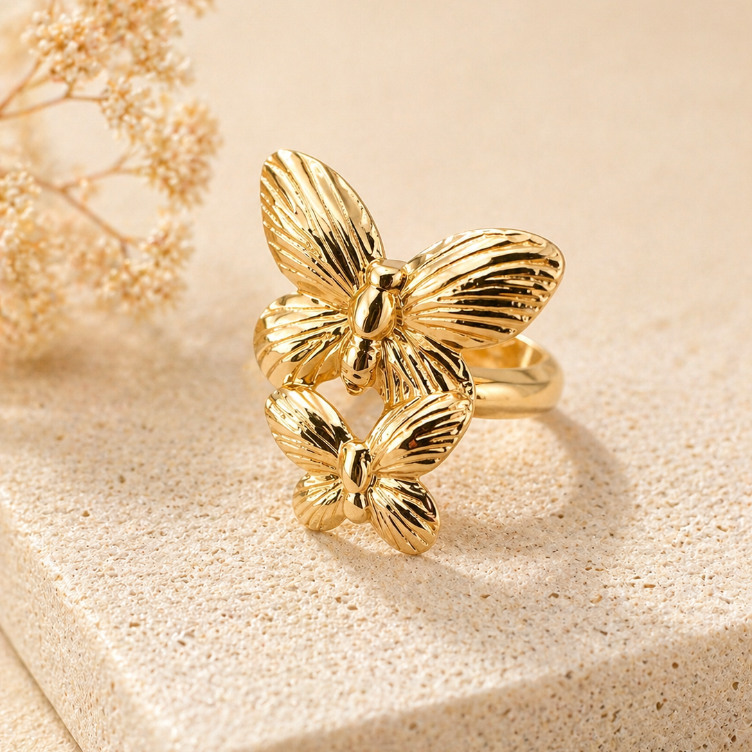 Double Butterfly Gold Statement Ring – Enchanted Garden Textured Cocktail Ring