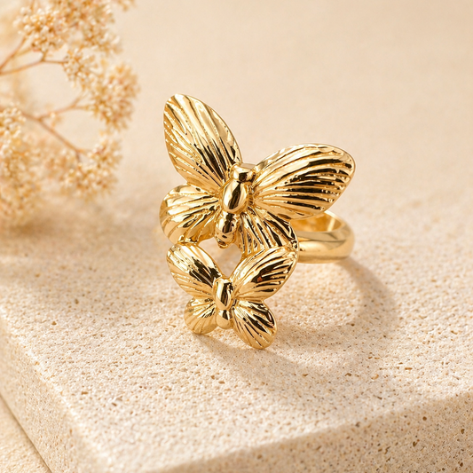 Double Butterfly Gold Statement Ring – Enchanted Garden Textured Cocktail Ring